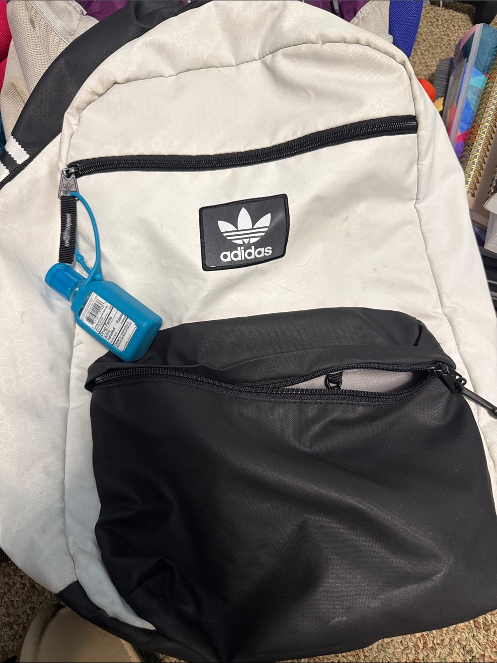 adidas White and Black Trefoil Front-Zip Backpack